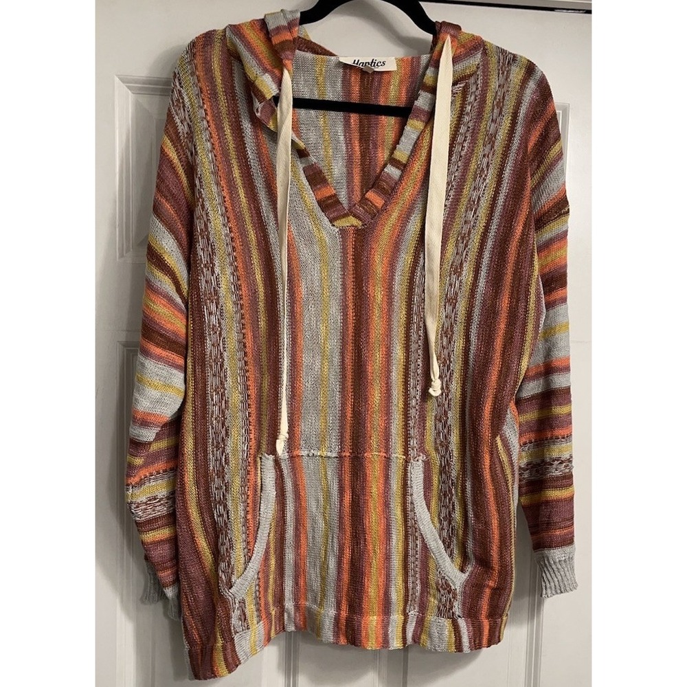 Haptics Hoodie‎ Womens Medium Striped Drug Rug Hippie Surf Poncho Flaw
